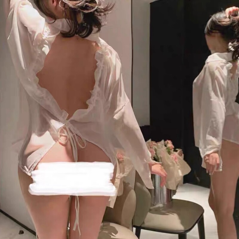 Sexy Underwear Chiffon Perspective Boyfriend Style Shirt Casual Nightclub Backless Pajamas Secretary Uniform Home Robes Women