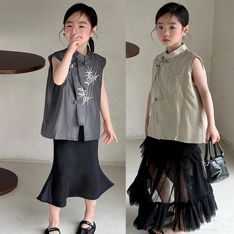 2024 New Summer Style Chinese-style Short Sleeve Embroidery Vest for Girls 