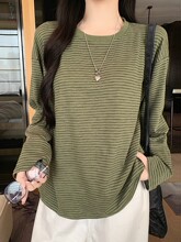 韩系复古绿条纹长袖T恤女2026秋季新款宽松显瘦圆领百搭打底上衣