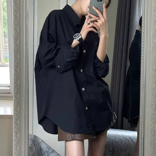 大码黑色长袖衬衫女春秋季设计感小众宽松显瘦慵懒风衬衣外套上衣