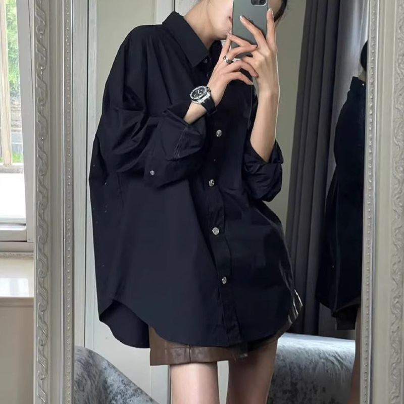 Plus-Size Black Long-Sleeve Shirt for Women, Spring and Autumn, Unique Design, Loose Fit, Slimming, Casual Style, Shirt Jacket Top Plus-Size Black Long-Sleeve Shirt for Women, Spring and Autumn, Unique Design, Loose Fit, Slimming, Casual Style, Shirt Jacket Top