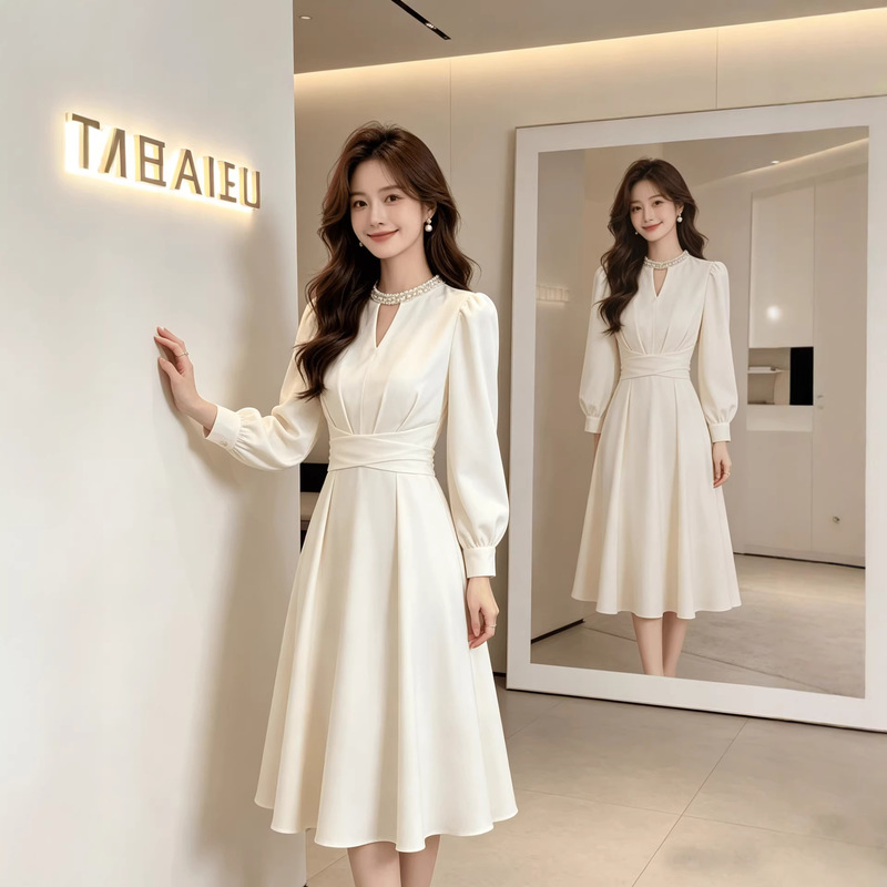 French-Style Socialite Fashion Elegant Beaded Waist-Cinching Long-Sleeve Acetate Satin Dress High-End Chic Young Girl Evening Gown French-Style Socialite Fashion Elegant Beaded Waist-Cinching Long-Sleeve Acetate Satin Dress High-End Chic Young Girl Evening Gown