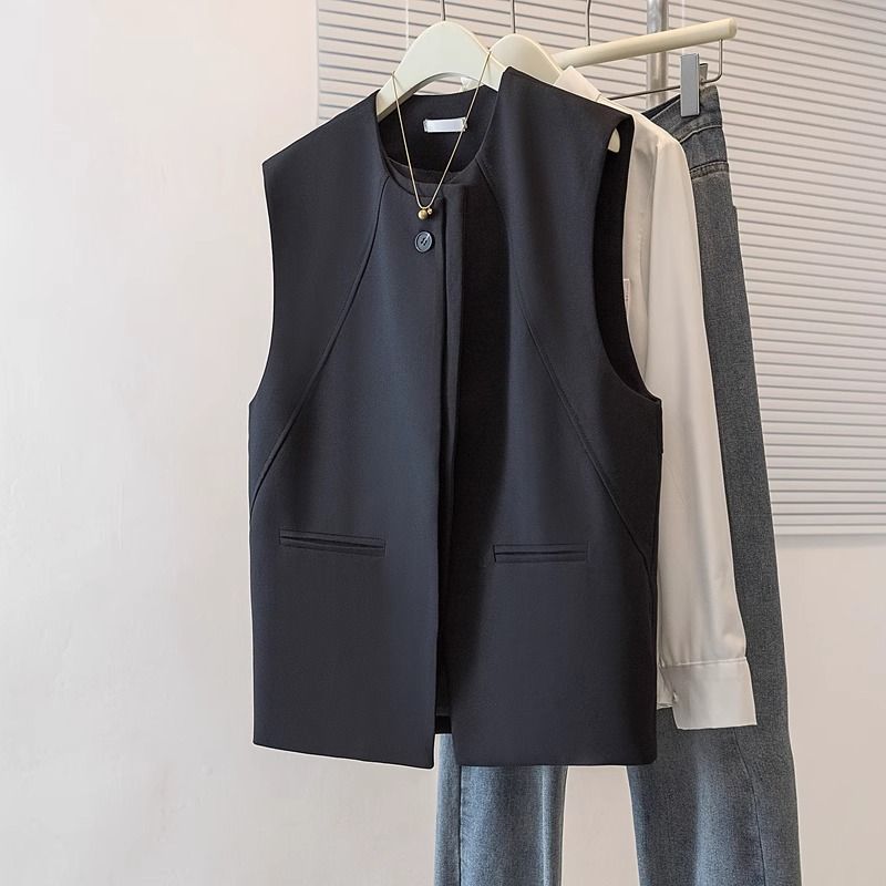 法式洋气女士西服马夹2025春秋新款宽松西装圆领马甲背心外穿上衣|undefined