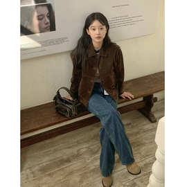 2024春季新款韩国设计师美式复古棕色翻领单排扣短款夹克外套