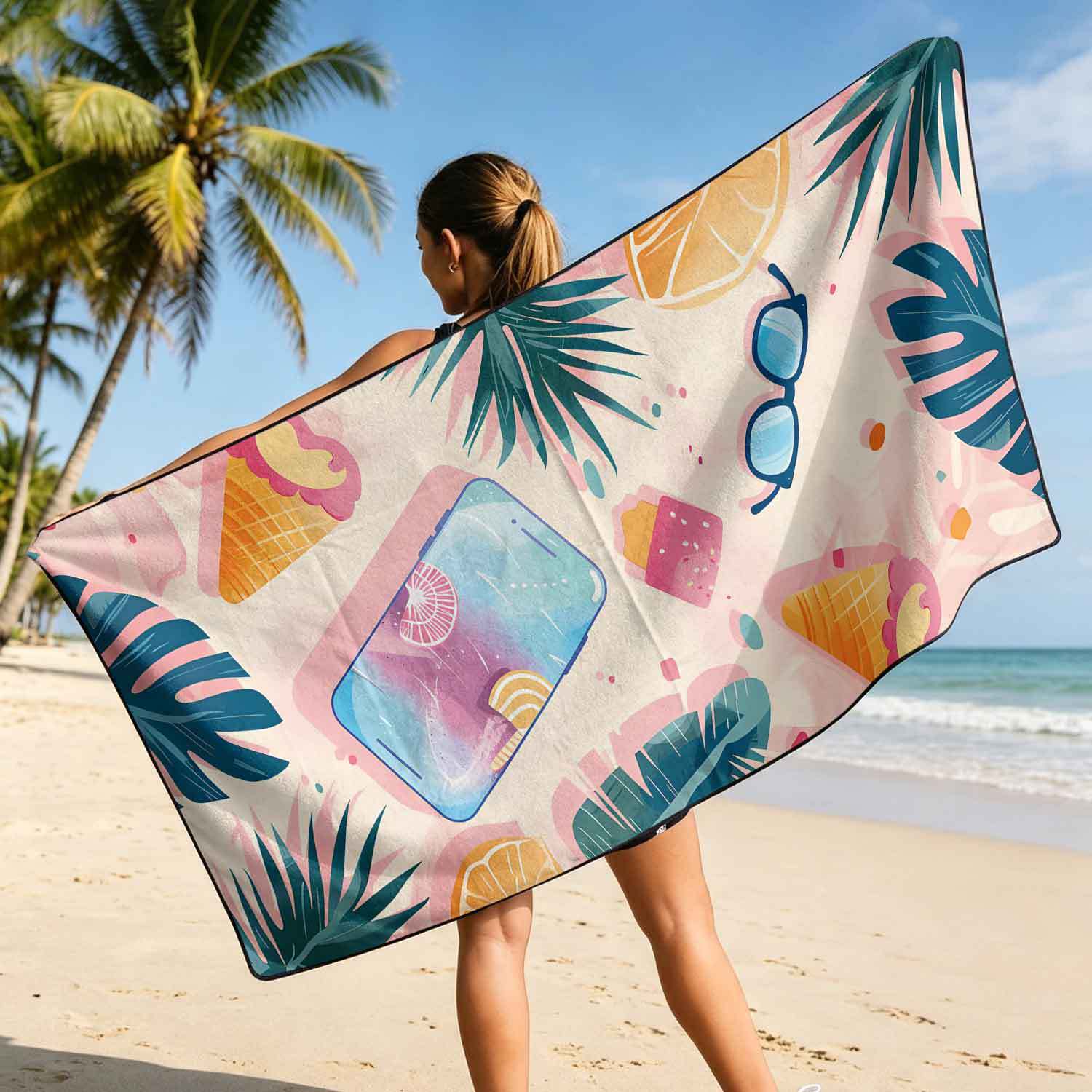 Printed bath towel and car seat cover 2-in-1, ultra-fine fiber outdoor beach and car dual-use universal seat cushion