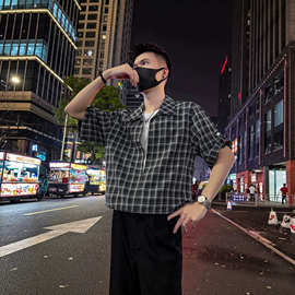 2026新款男夏个性薄款黑白格子假两件轻熟风休闲恤衬衫男短袖