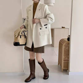 2025秋冬新款韩版双面羊毛大衣女宽松显瘦小个子中长款西装毛呢外
