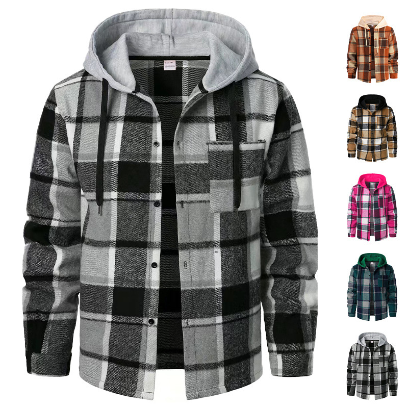 Cross-Border Trendy Amazon Spring and Autumn Men's Warm Hooded Plaid Shirt European Size Casual Loose American-Style Jacket Cross-Border Trendy Amazon Spring and Autumn Men's Warm Hooded Plaid Shirt European Size Casual Loose American-Style Jacket