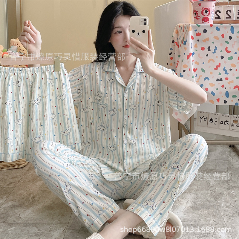 Pequeño pijama de corazón de melocotón para mujeres tres piezas de verano nubes de algodón se puede usar pantalones de manga corta para estudiantes de dibujos animados ropa para el hogar