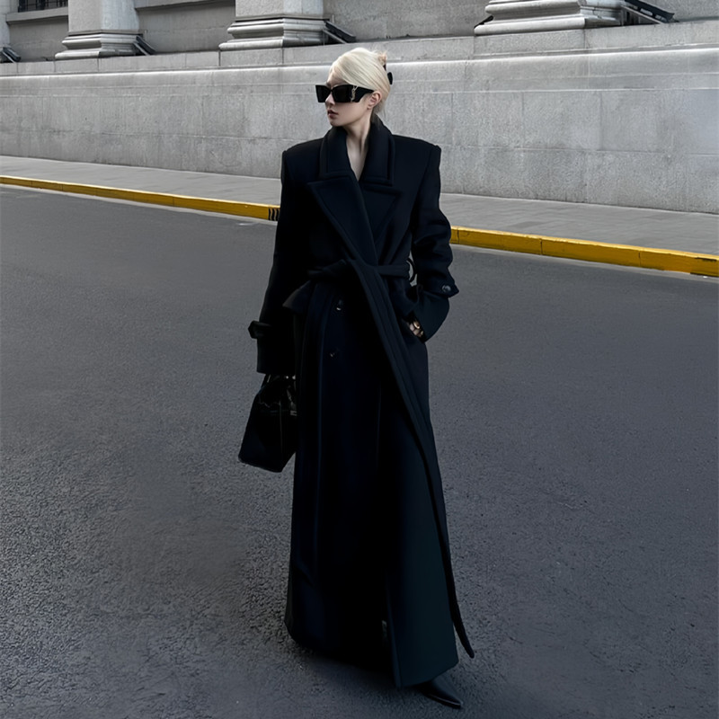 Tall Women's Black Woolen Coat Winter Mid-Length Heavy-Duty Wide Version Right Shoulder Woolen Coat