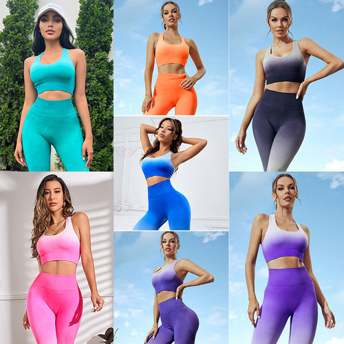 European and American breathable quick-drying bra trousers sportswear running fitness wear gradient seamless yoga wear suit for women wholesale