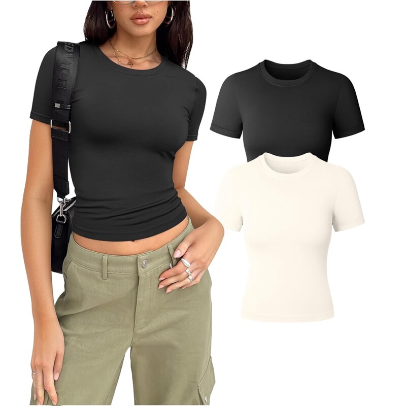 European and American Cross-Border 2024 Amazon Women's Basic T-Shirt Round Neck Short-Sleeved Crop Top Cute Summer Top