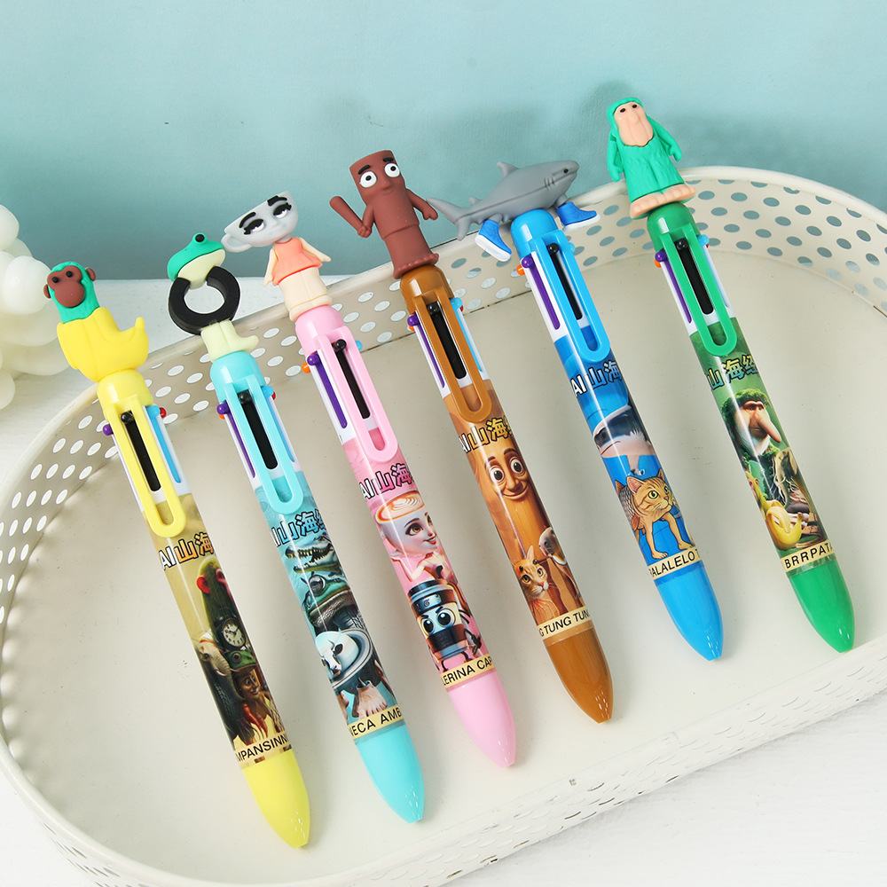 Montañas y mares de seis colores lápiz de dibujos animados palo de madera hombre pluma multicolor lápiz de bola de alto valor de color estudiantes de primaria escritura al por mayor