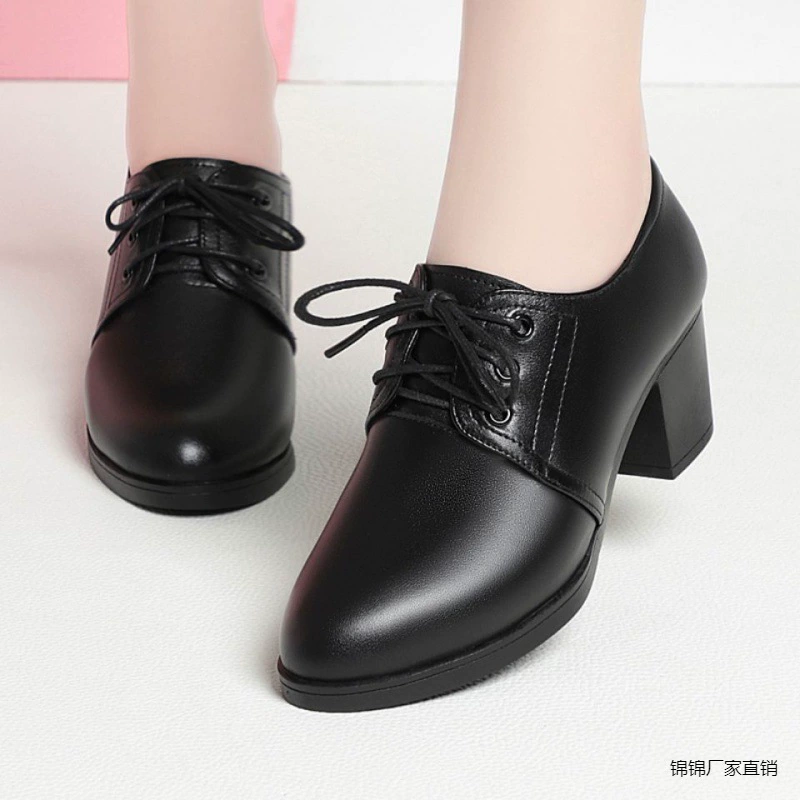 Обувь женский 2024 новый глубокий рот маленькие кожаные туфли на высоком каблуке весной и осенью новый средний каблук обувь мама толстый каблук Jinjin