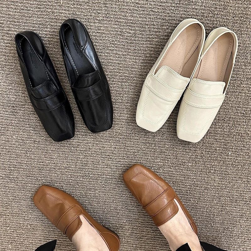 Zapatos cuadrados de mujer retro francés suave, zapatos casuales de cuero suave, zapatos de cuero suave, zapatos de cuero Lefour.