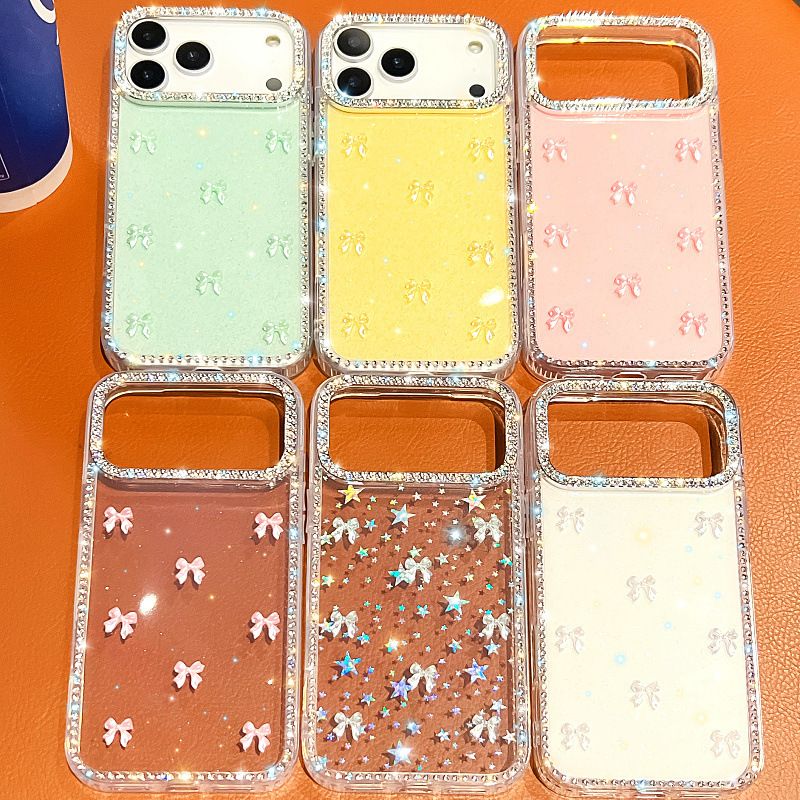 Transparent Flash Diamond Aurora Bow New Model Suitable for Apple 17Promax Mobile Phone Case Iphone16 Protective Case 15
