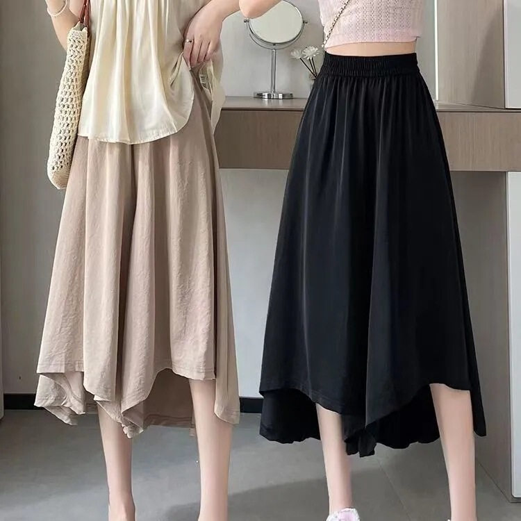 Summer Ice Silk Petite Wide-Leg Pants for Women, Loose Fit, Slimming, Drapey, Irregular Casual Plus-Size Skirt Pants for Women