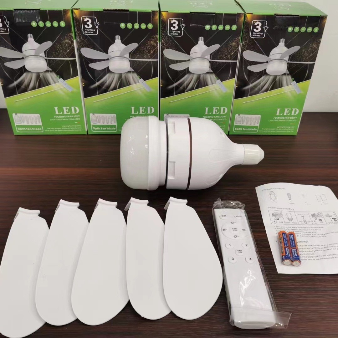 Nueva lámpara de ventilador de boca de tornillo de cinco hojas, atenuación de tres colores, regulación de velocidad de 4 velocidades, lámpara de ventilador de techo pequeña, mesa de comedor, ventilador de bombilla de garaje