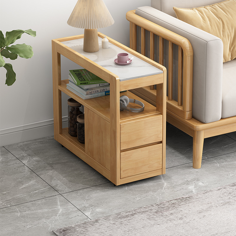 Mesa auxiliar de sofá móvil de madera maciza mesa de café pequeña sala de estar balcón sofá placa lateral gabinete con polea mini Placa de roca mesa de esquina