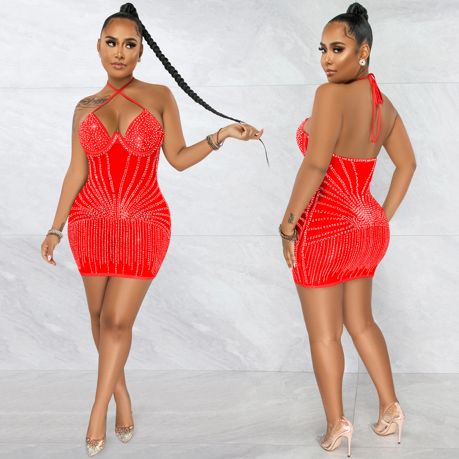 X5653 AliExpress Amazon deseo moda sexy Sling envuelto pecho rhinestone malla ver-a través de vestido MIDI vestido