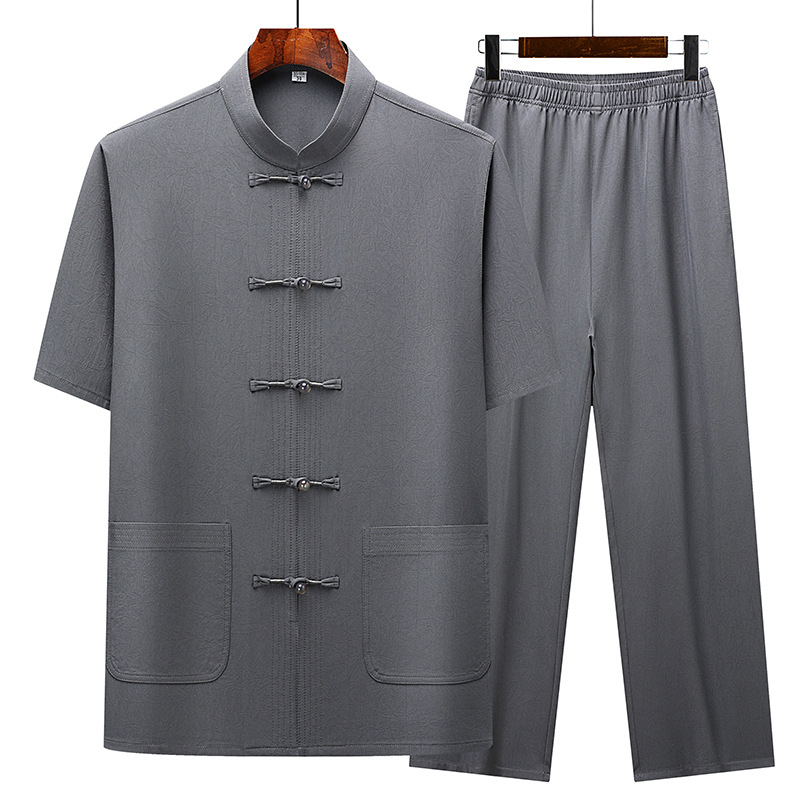 Cross-border wholesale men's summer stand-up collar short-sleeved T-shirt set with trousers, two-piece set, Chinese style Tang suit