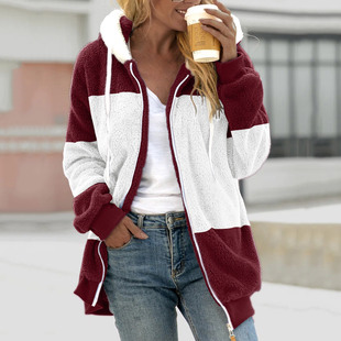 wish independent station 2021 Amazon hot sale new autumn and winter loose plush multi-color stitching hooded coat for women
