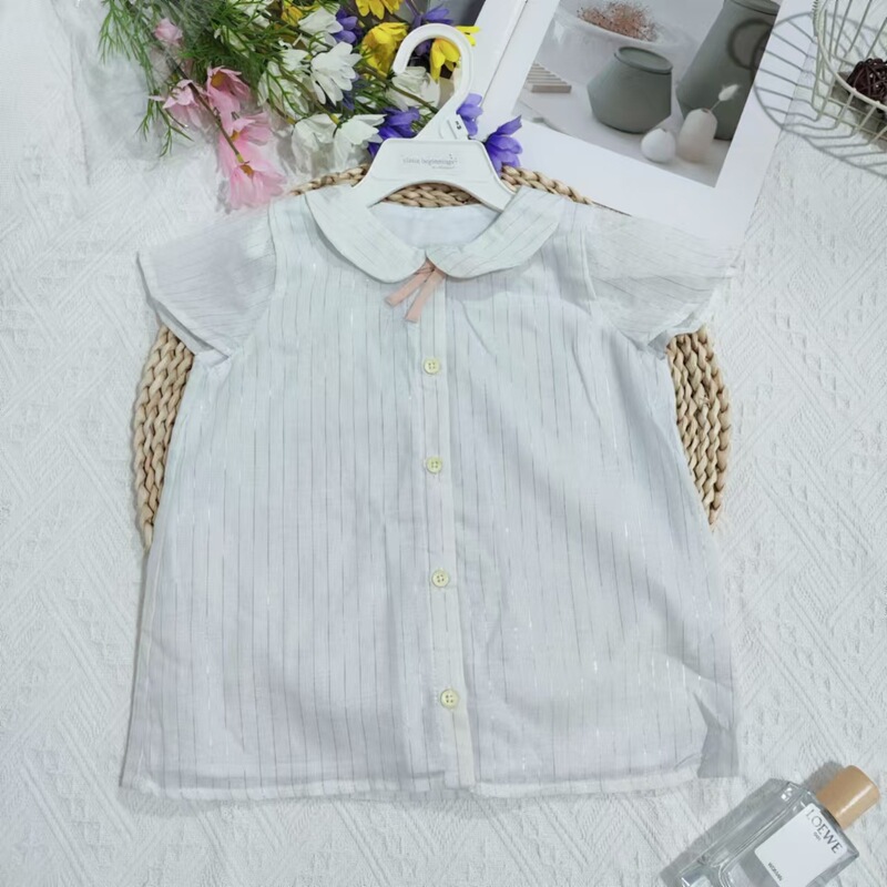 Foreign Trade British Original Single Mom and Dad Baby Girl White Shirt Short-Sleeved Doll Collar Versatile Soft Top