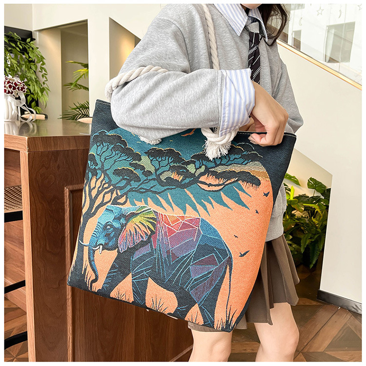 300g Weight Polyester Lining Material Zipper Closure Type Single Shoulder Strap Strap Type Tote Bag Bags Type Holiday, Travel Occasion Canvas Material Elephant Pattern All Seasons Season Women's Gender Ethnic Style, Classic Style Style Square Shape Medium Size Women's Medium Canvas Elephant Ethnic Style Classic Style Square Zipper Tote Bag 10