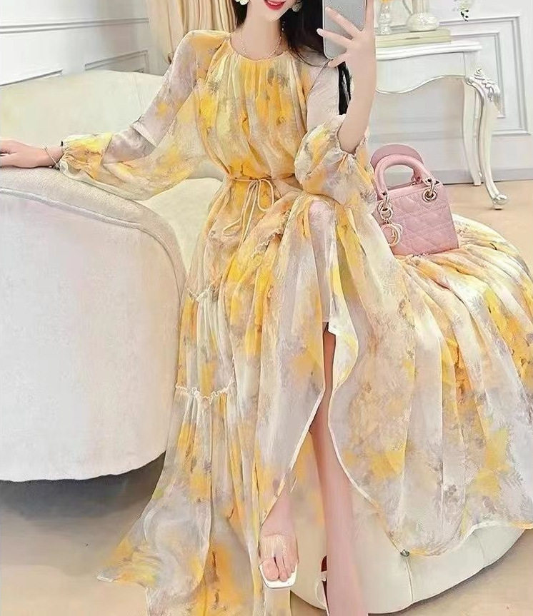 Chiffon Floral Printed Dress Women Holiday Crew Neck Lantern