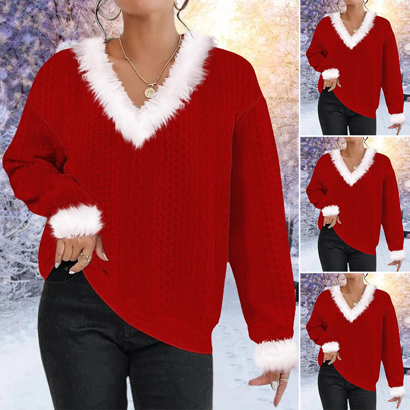 2024 autumn and winter new Amazon cross-border Europe and the United States loose Christmas solid color V-neck long sleeve sweater top women 2024 autumn and winter new Amazon cross-border Europe and the United States loose Christmas solid color V-neck long sleeve sweater top women