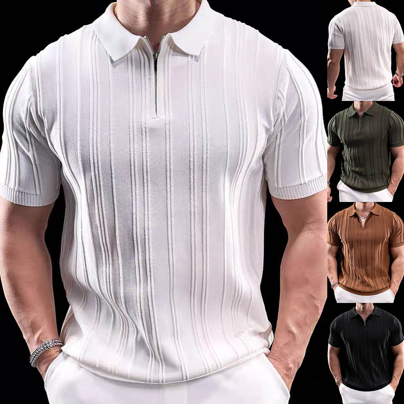 Polo camiseta de punto camiseta de manga corta hombre solapa media cremallera rayas viejas camisetas de hielo de viento de verano fábrica transfronteriza al por mayor