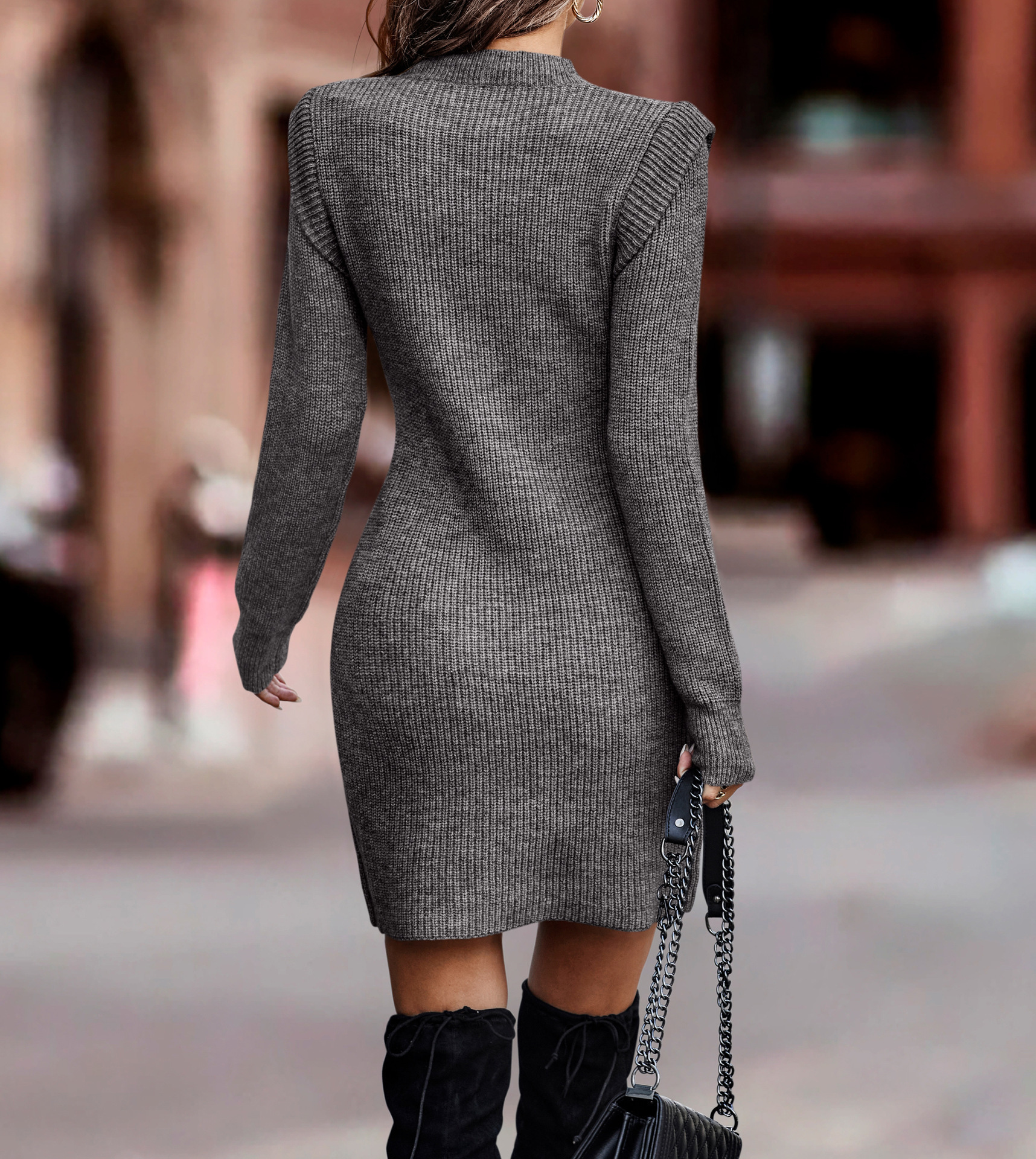 Robe pull femme manches longues robe tricotée ajustée_voghion.com