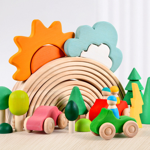Four elements children's car toys wooden ladder street scene building small rainbow mosaic building block house