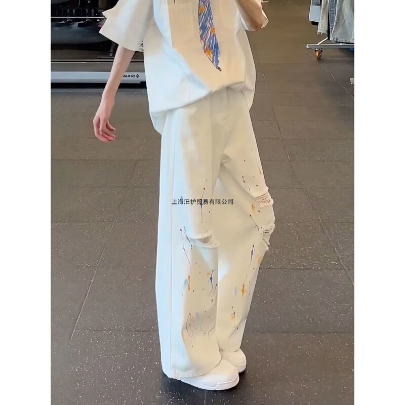 Splash-Ink Ripped Jeans for Men, Loose Straight Fit, Versatile Summer Pants, High Street Fashion Brand, Casual Ripped Pants with Knee Tears Splash-Ink Ripped Jeans for Men, Loose Straight Fit, Versatile Summer Pants, High Street Fashion Brand, Casual Ripped Pants with Knee Tears