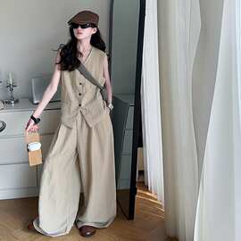 女童夏裤子套装中大童马甲阔腿裤两件套2025新款直筒裤拖地裤轻薄