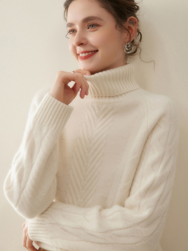 British Designer Style ~ Solid Color Cashmere Sweater for Women, High-Neck Thick Cable Knit Wool Sweater for Layering