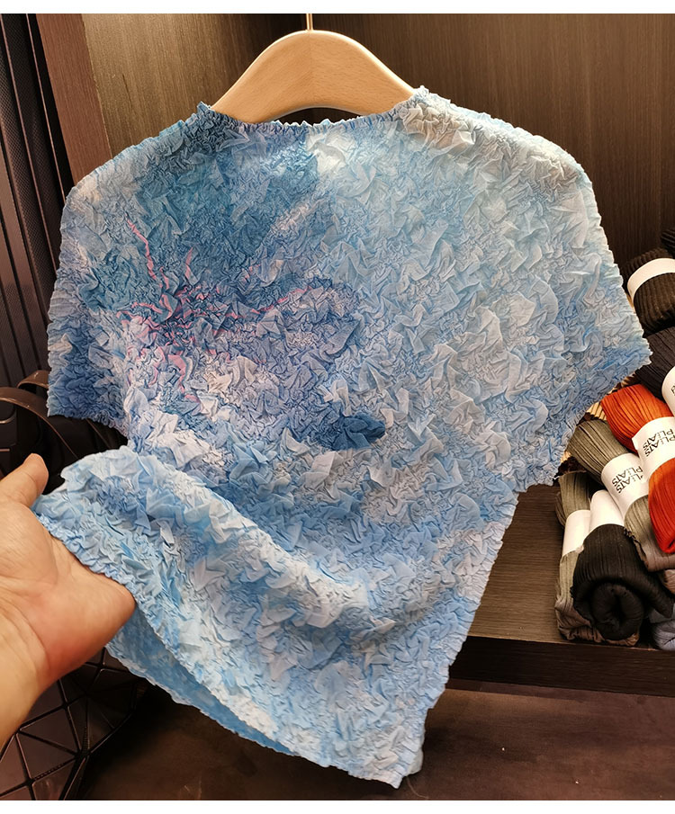Áo thun nữ ngắn tay in họa tiết xếp ly thiết kế cao cấp — Màu xanh da trời, Màu đen, Màu tím, Xanh lông công chi tiết 37