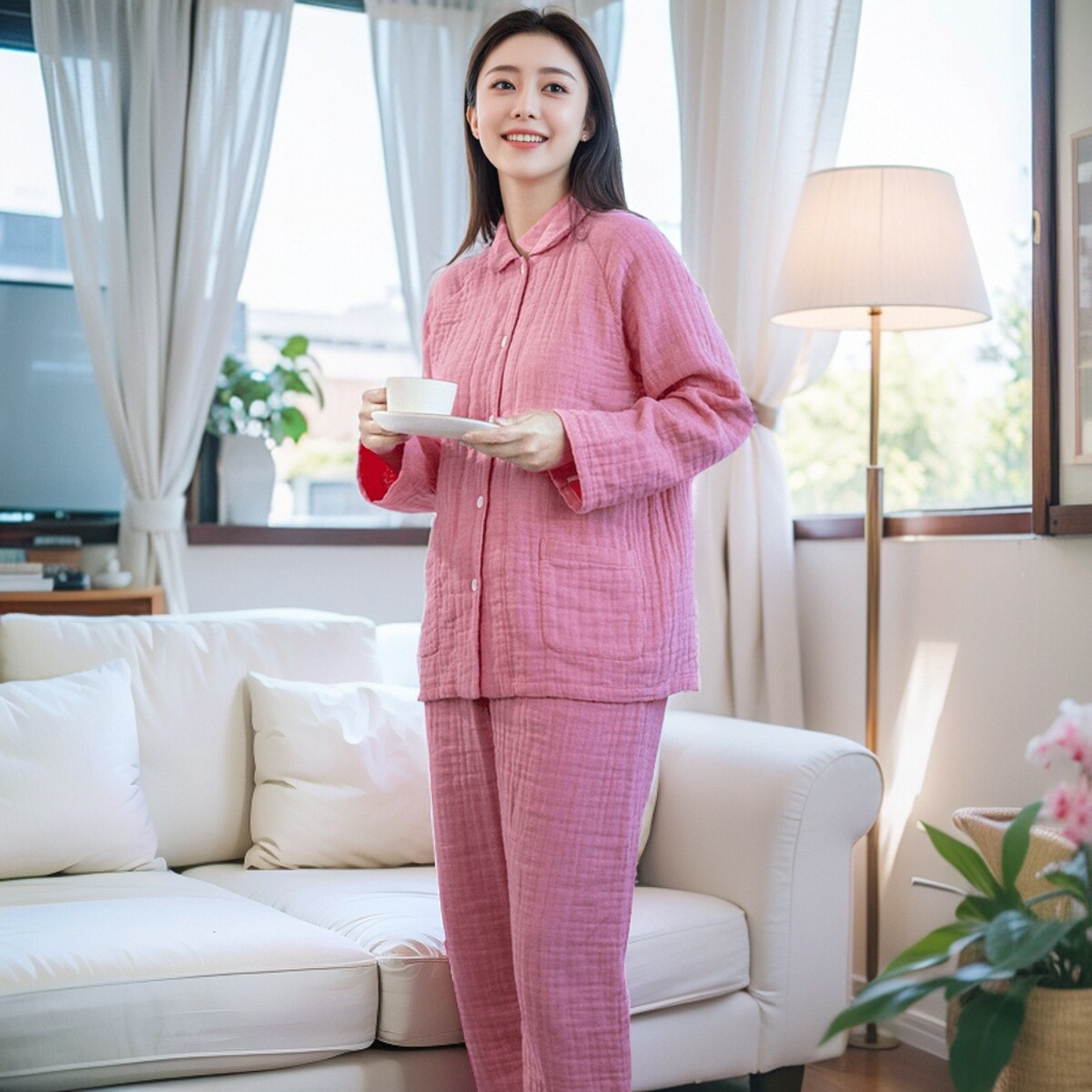 宜色家居服春秋100棉四层纱布软到糯情侣长袖居家服睡衣套装翻领