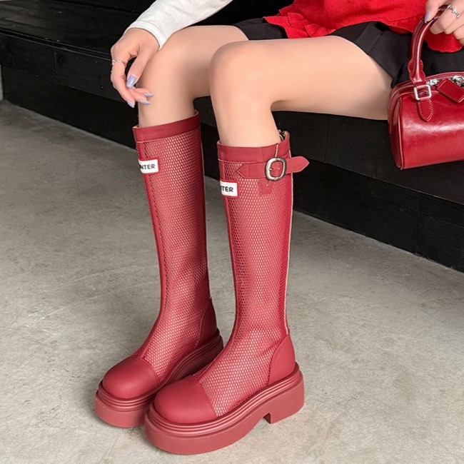 Boot nữ cổ cao ôm bắp chân đế dày gót vuông phong cách lưới thoáng khí — Ống rộng đen, Ống tiêu chuẩn đỏ, Ống tiêu chuẩn đen, Ống rộng đỏ