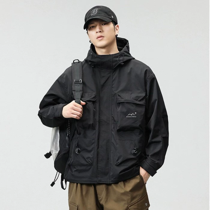 Осенняя черная ветровка с капюшоном для отдыха, oversize