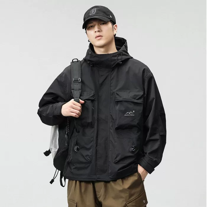 Осенняя черная ветровка с капюшоном для отдыха, oversize