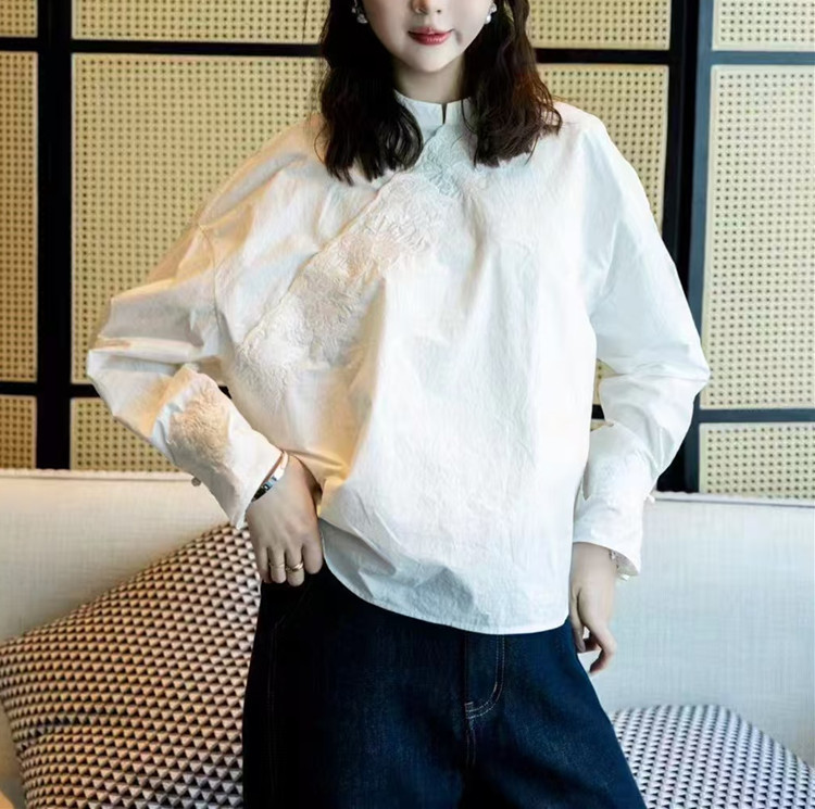 2025新款新中式匹马棉重工刺绣百搭上衣蝶舞天香宽松显瘦衬衫长袖|undefined