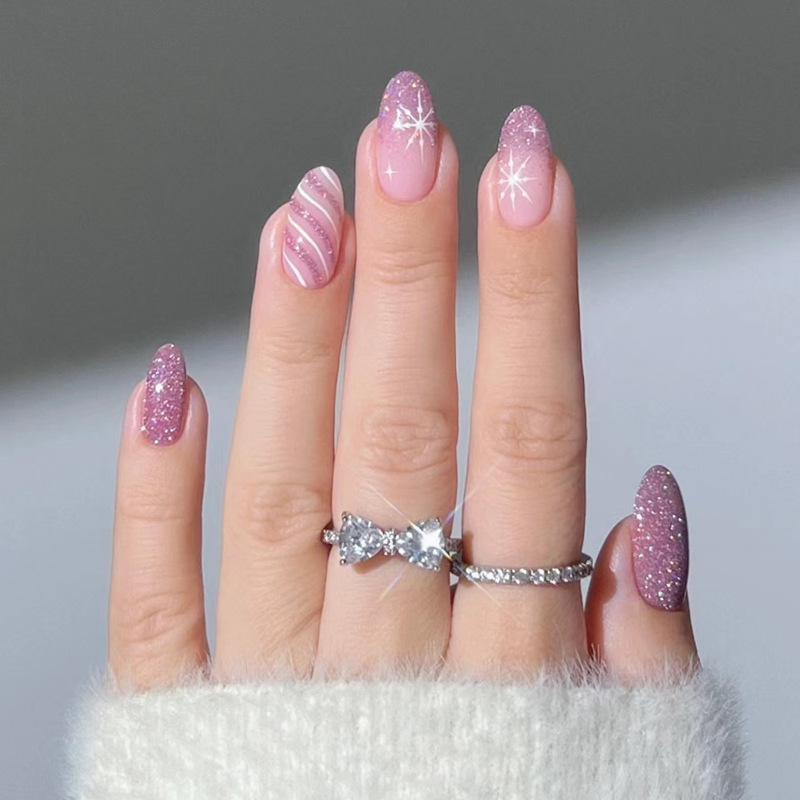 Christmas Wearable Nails Short Pink and White Striped Snowflake Nail Art Finished Product 24 Pieces European and American Cross-Border Pre-Made Nail Stickers