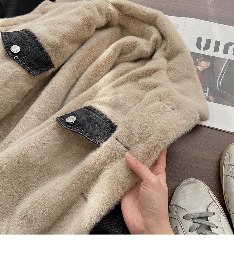 Women's Clothing Autumn and Winter Retro Style Denim Jacket Women Plus Velvet Thickening Small Short Rabbit Fur Jacket Top_voghion.com