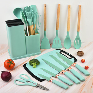 Cross-border silicone kitchenware 19-piece set non-stick cooking spatula and spoon kitchenware with storage bucket cutter combination suit