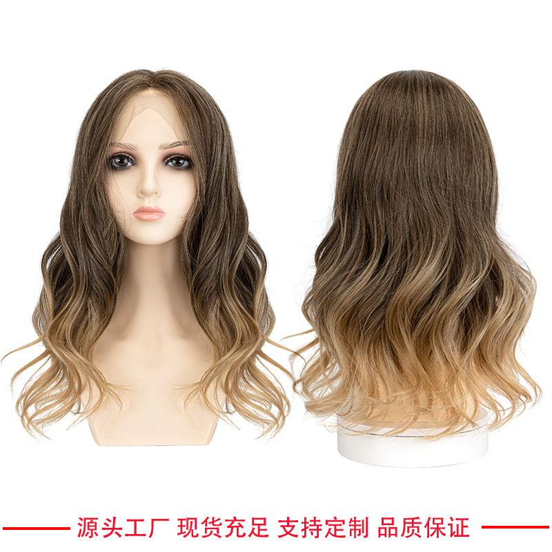European and American cross-border wig women's long curly hair fashion mid-length T-shaped hand hook front lace full top full head cover manufacturer in stock