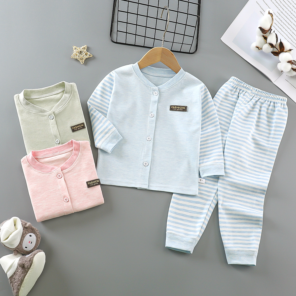 New Children's Colored Cotton Autumn Clothes and Trousers Set Spring and Autumn Children's Autumn Boys' Girls' Baby Cardigan Underwear Set