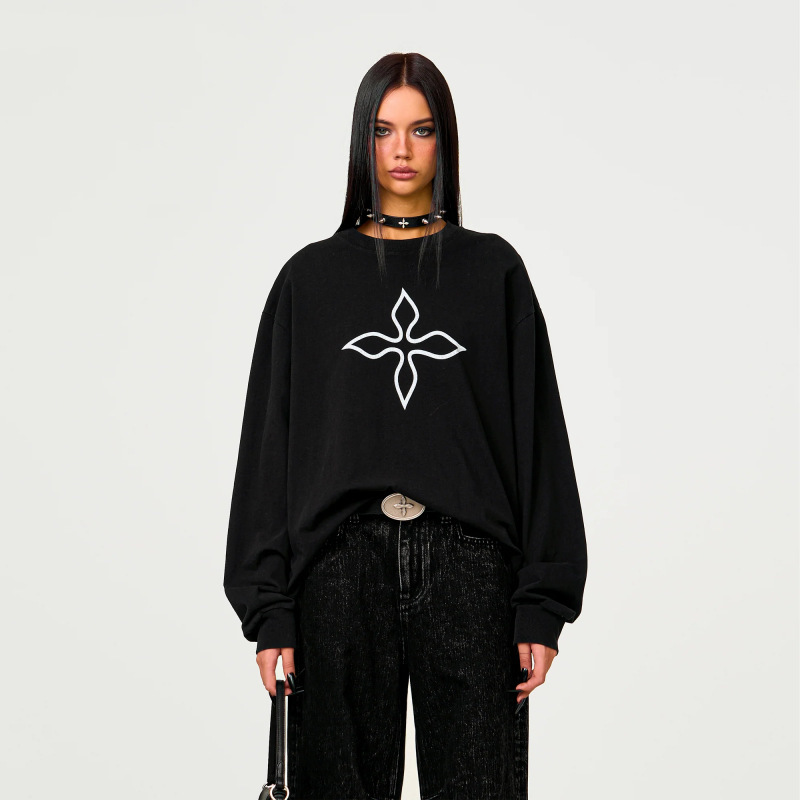 SMFK Black Magnolia Oversized Long Sleeve Top Fashion Printed Wide Body Pure Cotton Pullover Sweat 25 Spring New