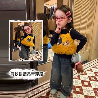 女童套装秋季新款2026甜美吊带儿童洋气韩系牛仔裤三件套两件套