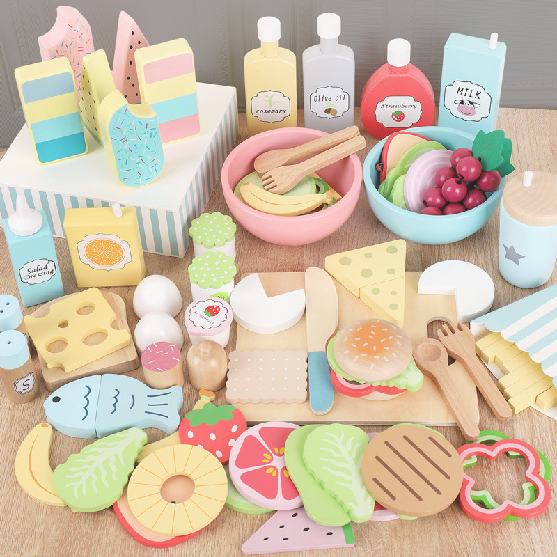 Madera infantil simulación americana casera juguetes de cocina helados patatas fritas helados coche de bebés cognitivo juego